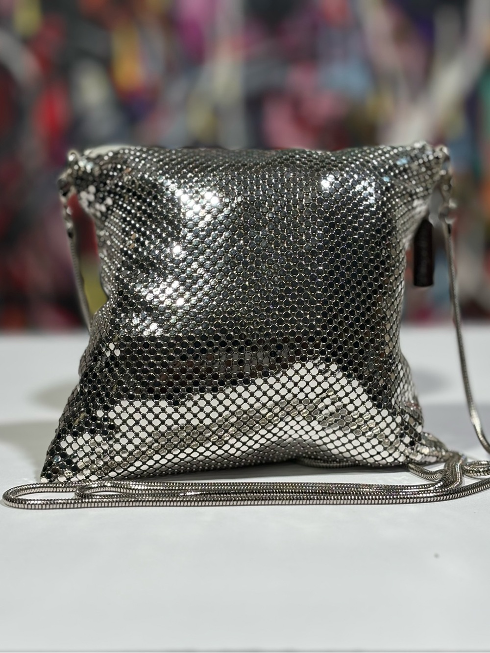 Whiting & Davis Silver Mesh Crossbody Pouch
